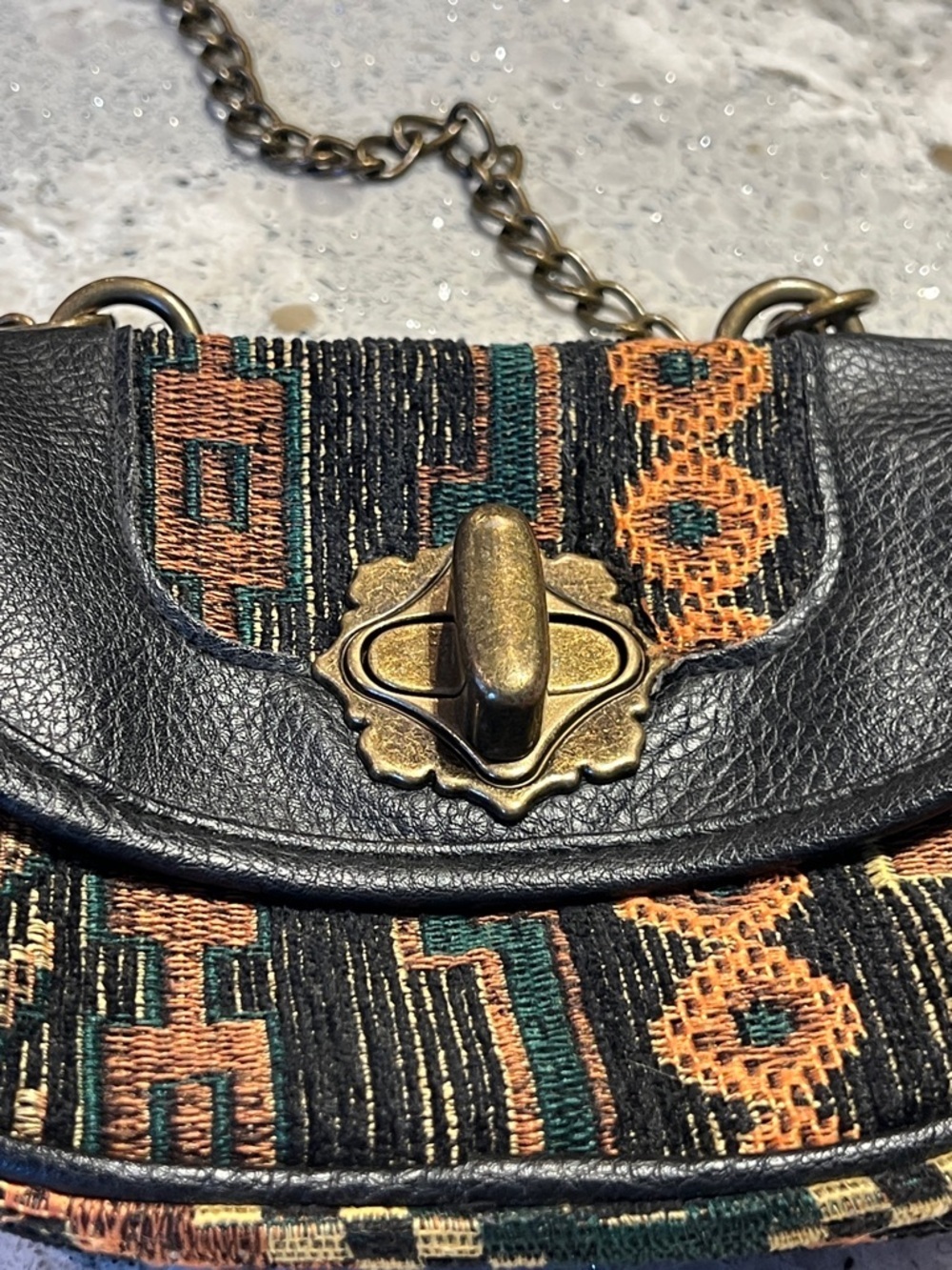 Icing Black Leather & Rust Patterned Tapestry Crossbody Chunky Brass Hardware - Picture 5 of 12